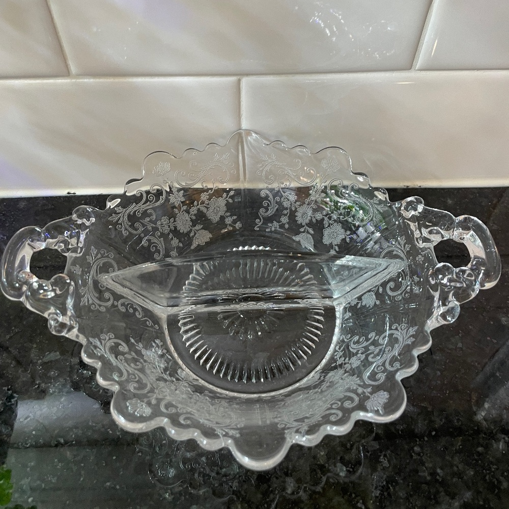Vintage Cambridge Elegant Glass Blossom Time Divided Dish Handled
